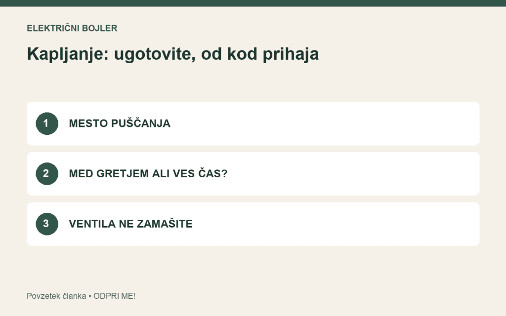 Pregled: mesto puščanja. med gretjem ali ves čas?. ventila ne zamašite.