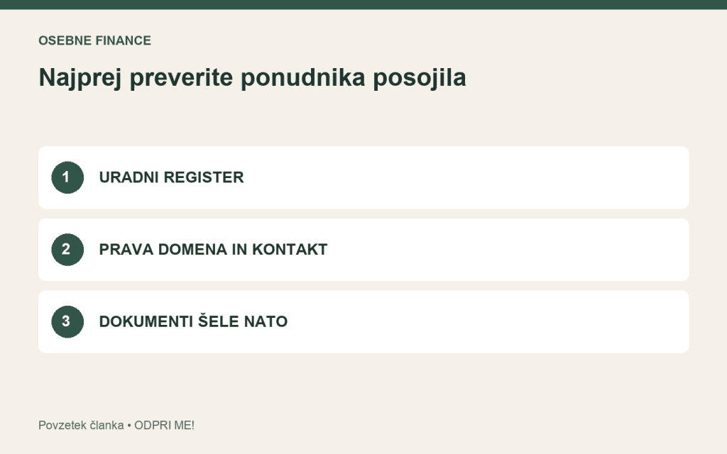 Pregled: uradni register. prava domena in kontakt. dokumenti šele nato.